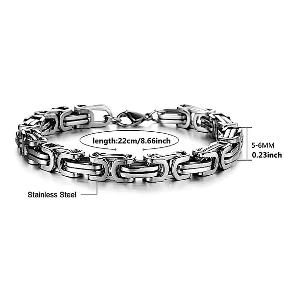 STAINLESS STEEL BYZANTINE MECHANIC SILVER BLACK BIKER BRACELET - Picture 4 of 4